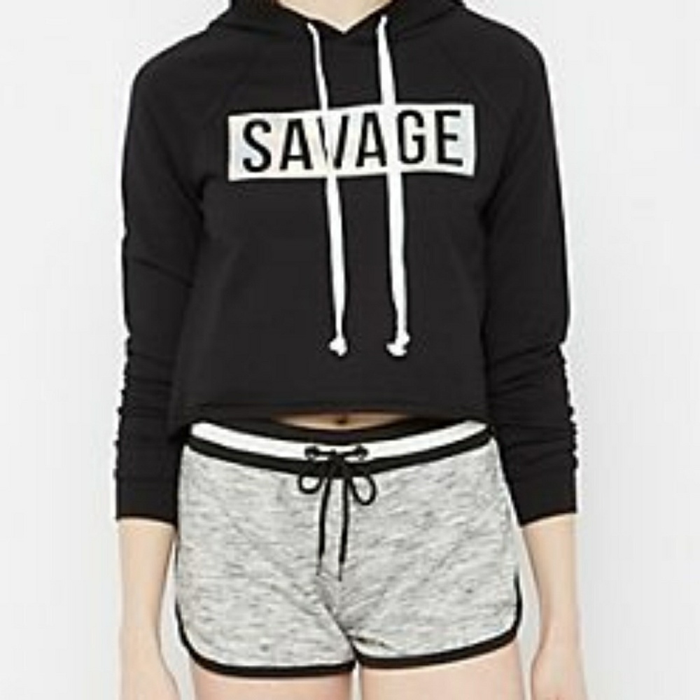 A cropped black savage hoodie
